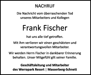 Traueranzeige von Frank Fischer von Südthüringer Presse