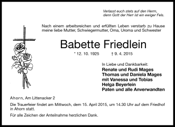 Traueranzeige von Babette Friedlein von Neue Presse Coburg