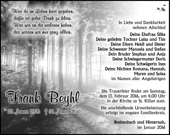 Traueranzeige von Frank Beyhl von Südthüringer Presse