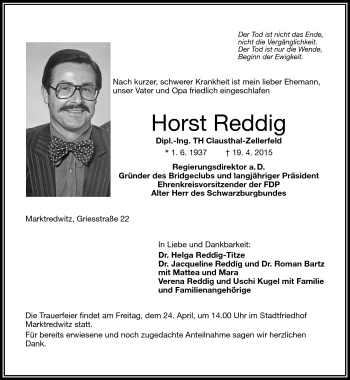 Traueranzeige von Horst Reddig von Frankenpost