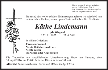 Traueranzeige von Käthe Lindemann von Südthüringer Presse