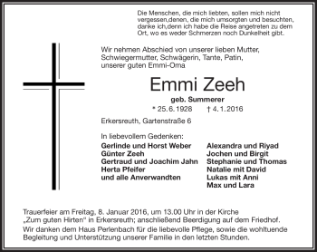 Traueranzeige von Emmi Zeeh von Frankenpost