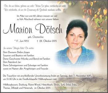 Traueranzeige von Marion Dötsch von Südthüringer Presse