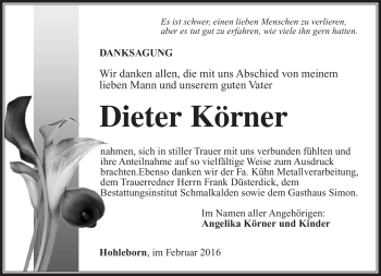 Traueranzeige von Dieter Körner von Südthüringer Presse