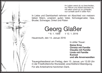 Traueranzeige von Georg Glaßer von Frankenpost