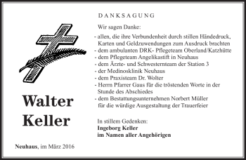 Traueranzeige von Walter Keller von Südthüringer Presse