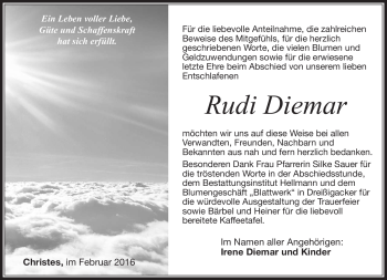 Traueranzeige von Rudi Diemar von Südthüringer Presse