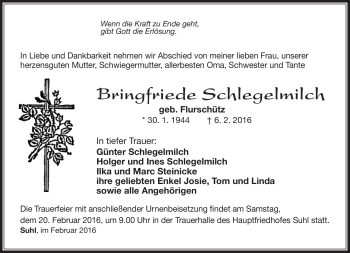 Traueranzeige von Bringfriede Schlegelmilch von Südthüringer Presse