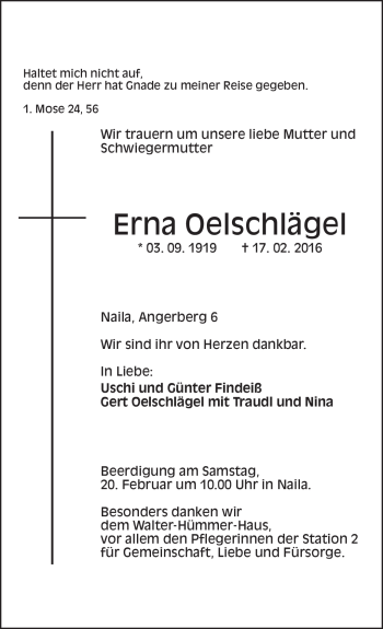 Traueranzeige von Erna Oelschlägel von Frankenpost