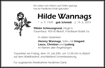 Traueranzeige von Hilde Wannags von Südthüringer Presse