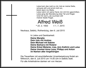 Traueranzeige von Alfred Weiß von Frankenpost