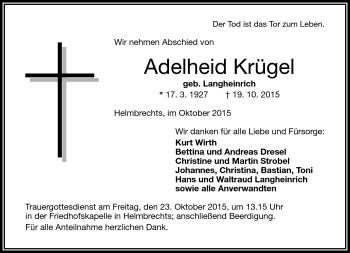 Traueranzeige von Adelheit Krügel von Frankenpost