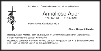 Traueranzeige von Annaliese Auer von Frankenpost