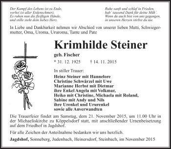 Traueranzeige von Krimhilde Steiner von Südthüringer Presse