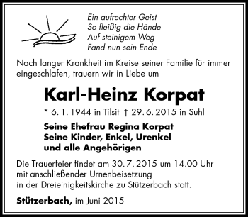 Traueranzeige von Karl-Heinz Korpat von Südthüringer Presse