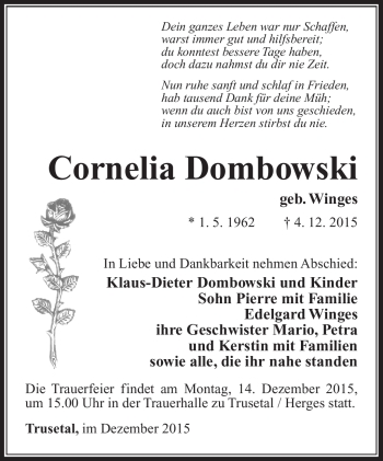 Traueranzeige von Cornelia Dombrowski von Südthüringer Presse