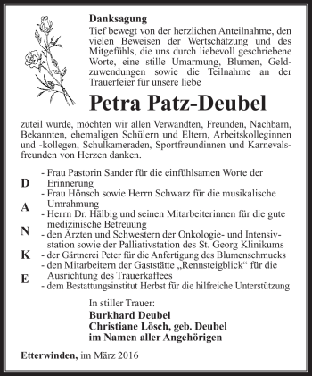 Traueranzeige von Petra Patz-Deubel von Südthüringer Presse