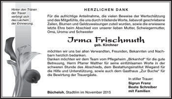 Traueranzeige von Irma Frischmuth von Südthüringer Presse
