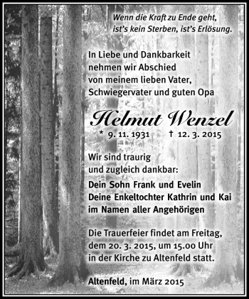 Traueranzeige von Helmut Wenzel von Südthüringer Presse