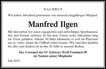 Traueranzeige von Manfred Ilgen von Südthüringer Presse