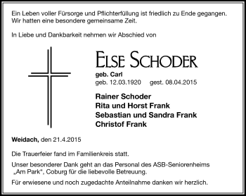 Traueranzeige von Else Schoder von Neue Presse Coburg