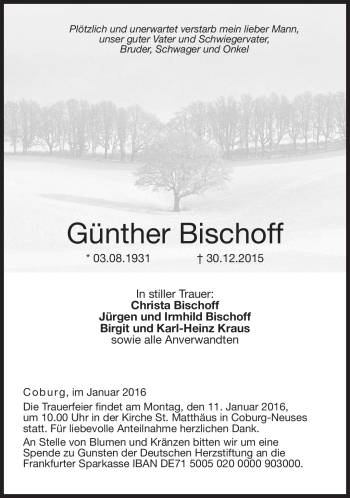 Traueranzeige von Günther Bischoff von Neue Presse Coburg