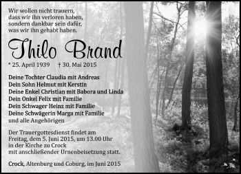 Traueranzeige von Thilo Brand von Südthüringer Presse