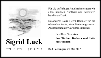 Traueranzeige von Sigrid Luck von Südthüringer Presse