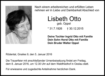 Traueranzeige von Lisbeth Otto von Neue Presse Coburg