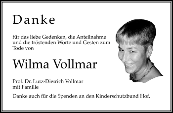 Traueranzeige von Wilma Vollmar von Frankenpost