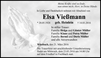 Traueranzeige von Elsa Vießmann von Neue Presse Coburg