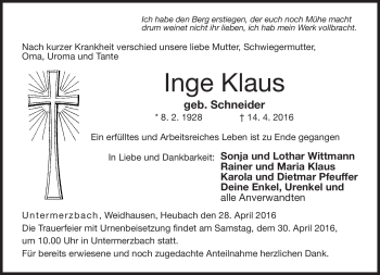 Traueranzeige von Inge Klaus von Neue Presse Coburg