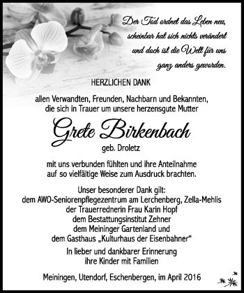Traueranzeige von Grete Birkenbach von Südthüringer Presse