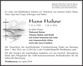 Traueranzeige von Hans Hahne von Südthüringer Presse