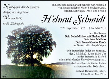 Traueranzeige von Hellmuth Schmidt von Südthüringer Presse