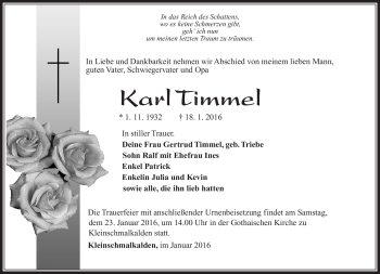 Traueranzeige von Karl Timmel von Südthüringer Presse