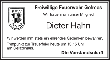 Traueranzeige von Dieter Hahn von Frankenpost