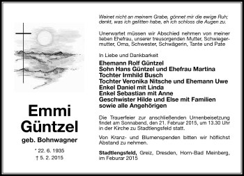 Traueranzeige von Emmi Güntzel von Südthüringer Presse