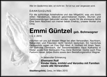 Traueranzeige von Emmi Güntzel von Südthüringer Presse