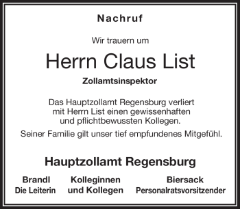 Traueranzeige von Claus List von Frankenpost