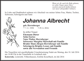 Traueranzeige von Johanna Albrecht von Südthüringer Presse