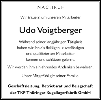 Traueranzeige von Udo Voigtberger von Südthüringer Presse