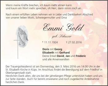 Traueranzeige von Emmi Gold von Neue Presse Coburg