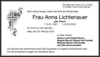 Traueranzeige von Anna Lichtenauer von Frankenpost