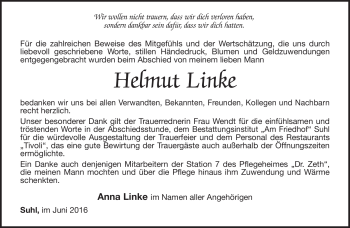 Traueranzeige von Helmut Linke von Südthüringer Presse