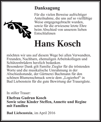 Traueranzeige von Hans Kosch von Südthüringer Presse
