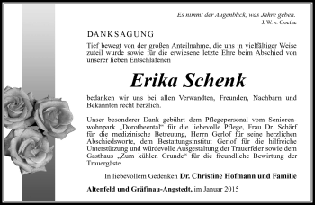 Traueranzeige von Erika Schenk von Südthüringer Presse