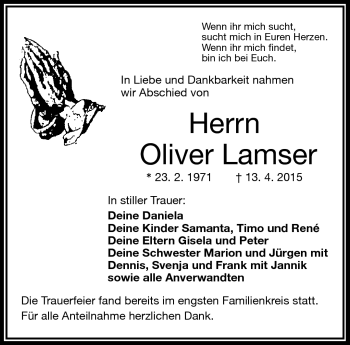 Traueranzeige von Oliver Lamser von Frankenpost