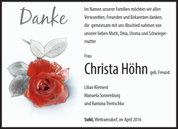 Traueranzeige von Christa Höhn von Südthüringer Presse