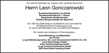 Traueranzeige von Leon Gonczarowski von Frankenpost